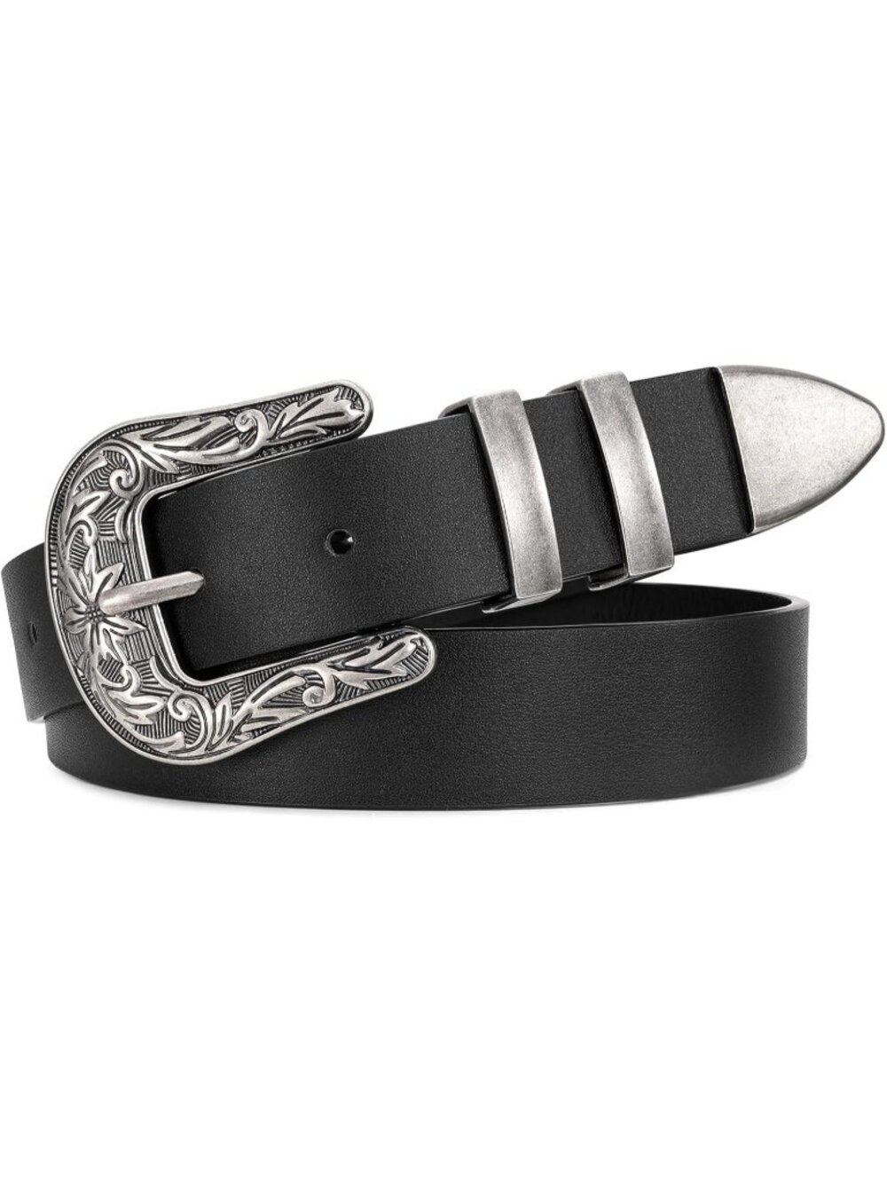 Women's G-Black Silver Leather Belts Vintage Western Design Black Waist Belt